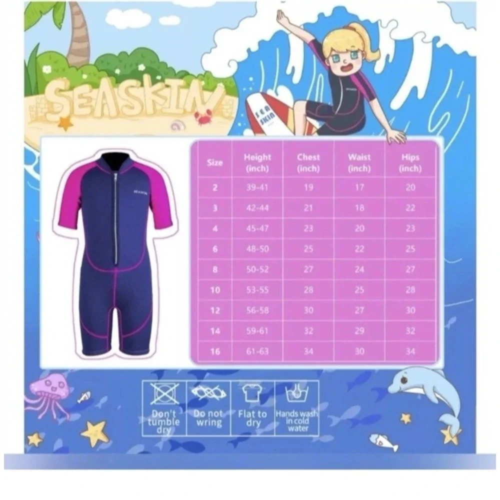 Seaskin 2mm Kids Front Zipper‎ Shorty Diving Suit Navy/Pink Wetsuit Size 2
